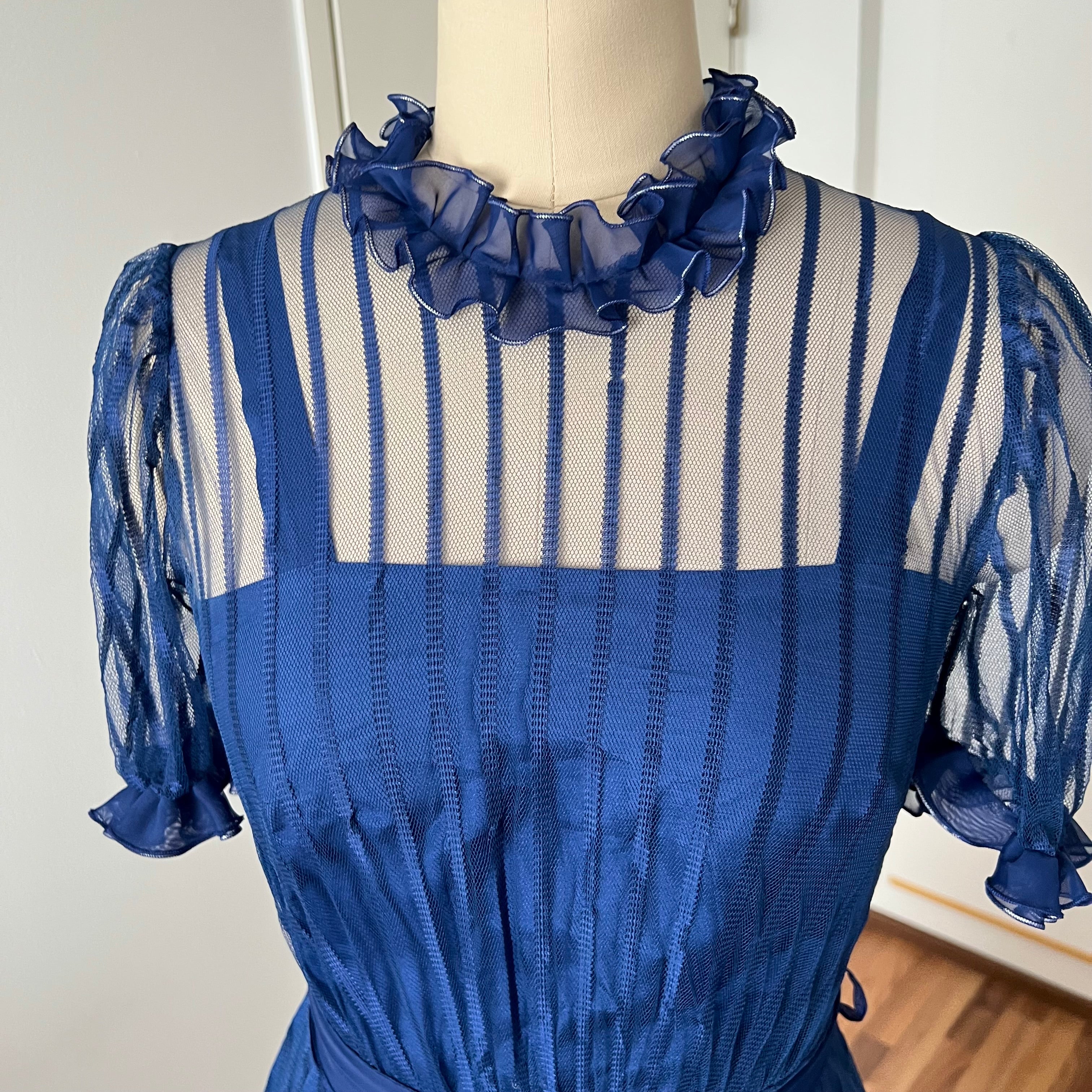 1970s Vintage Romantic Prairie Maxi Dress-Blue Ruffle Victorian Cottagecore Gown