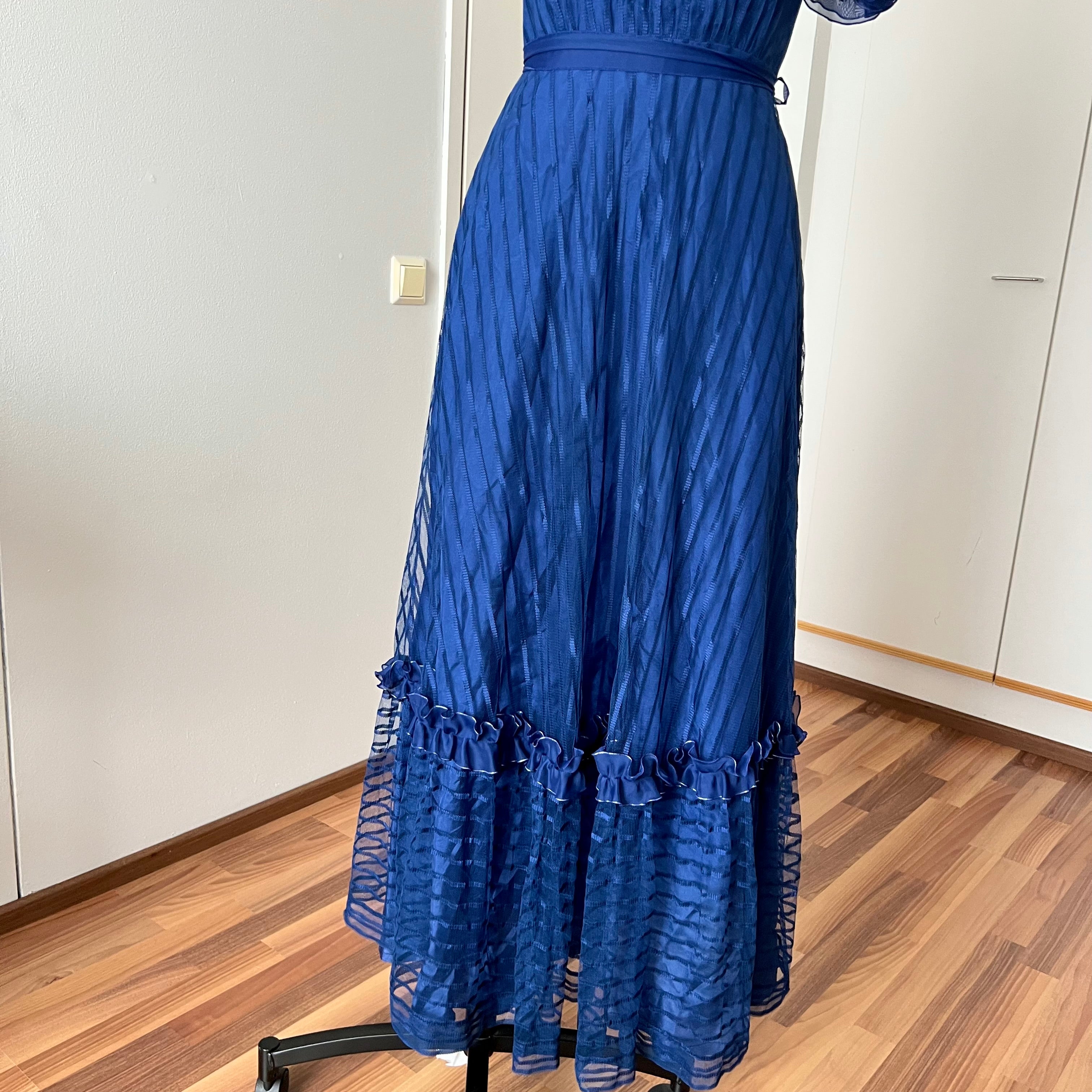 1970s Vintage Romantic Prairie Maxi Dress-Blue Ruffle Victorian Cottagecore Gown