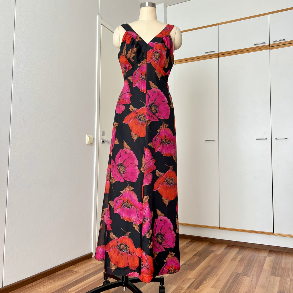 1970s Vintage Floral Maxi Dress-Sleeveless V Neck Summer Sun Dress