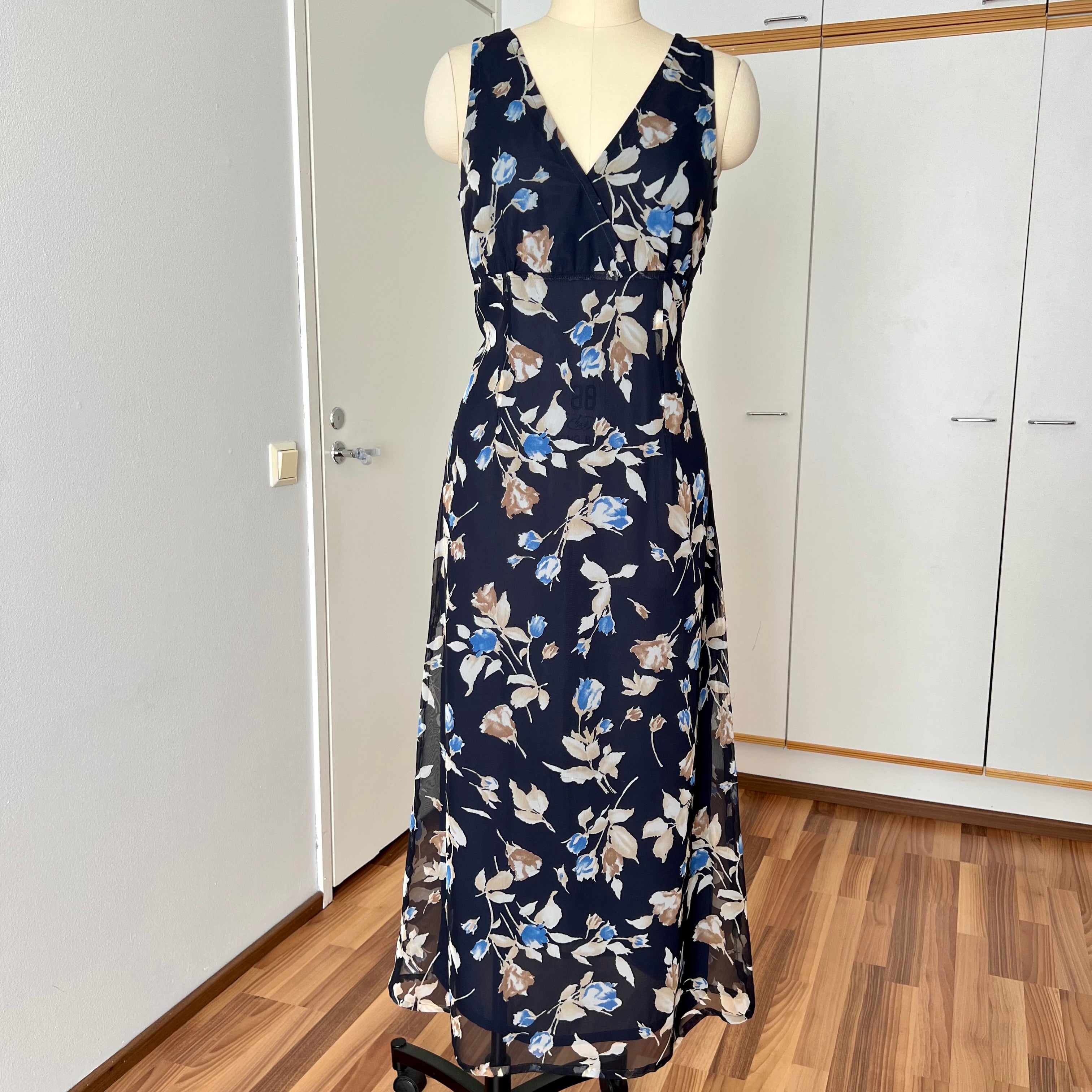 90s Vintage Floral Maxi Slip Dress-V Neck Empire Waist Cami Dress EU 38