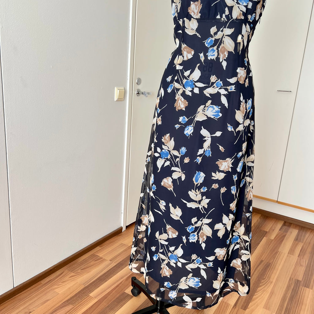 90s Vintage Floral Maxi Slip Dress-V Neck Empire Waist Cami Dress EU 38