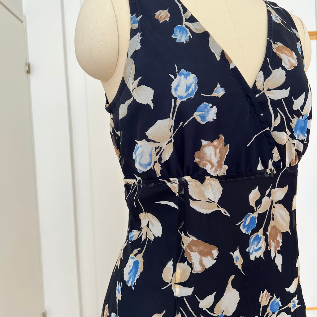 90s Vintage Floral Maxi Slip Dress-V Neck Empire Waist Cami Dress EU 38