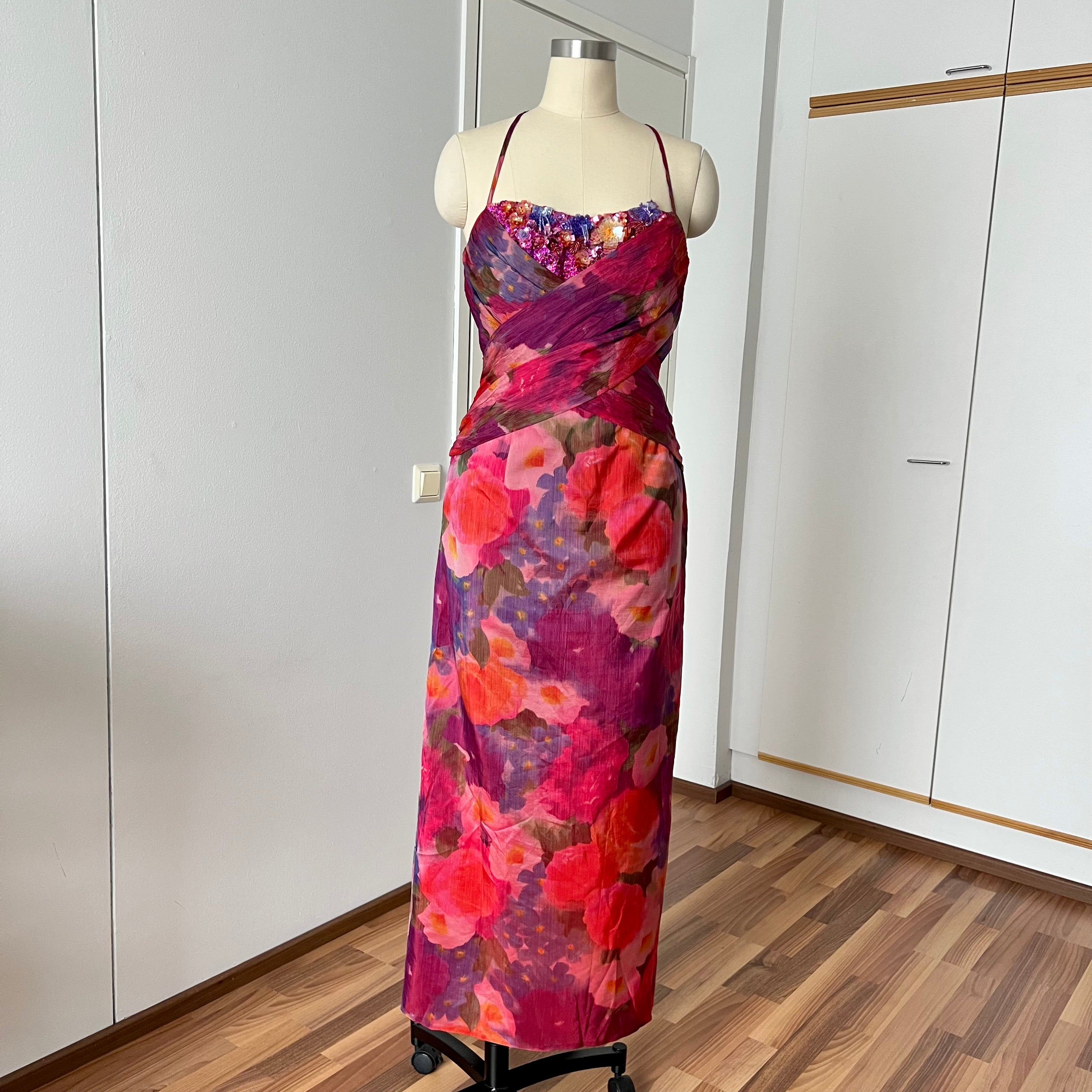 1990s Vintage Watercolor Vera Mont Evening Gown-Spaghetti Straps  Floral Maxi Dress