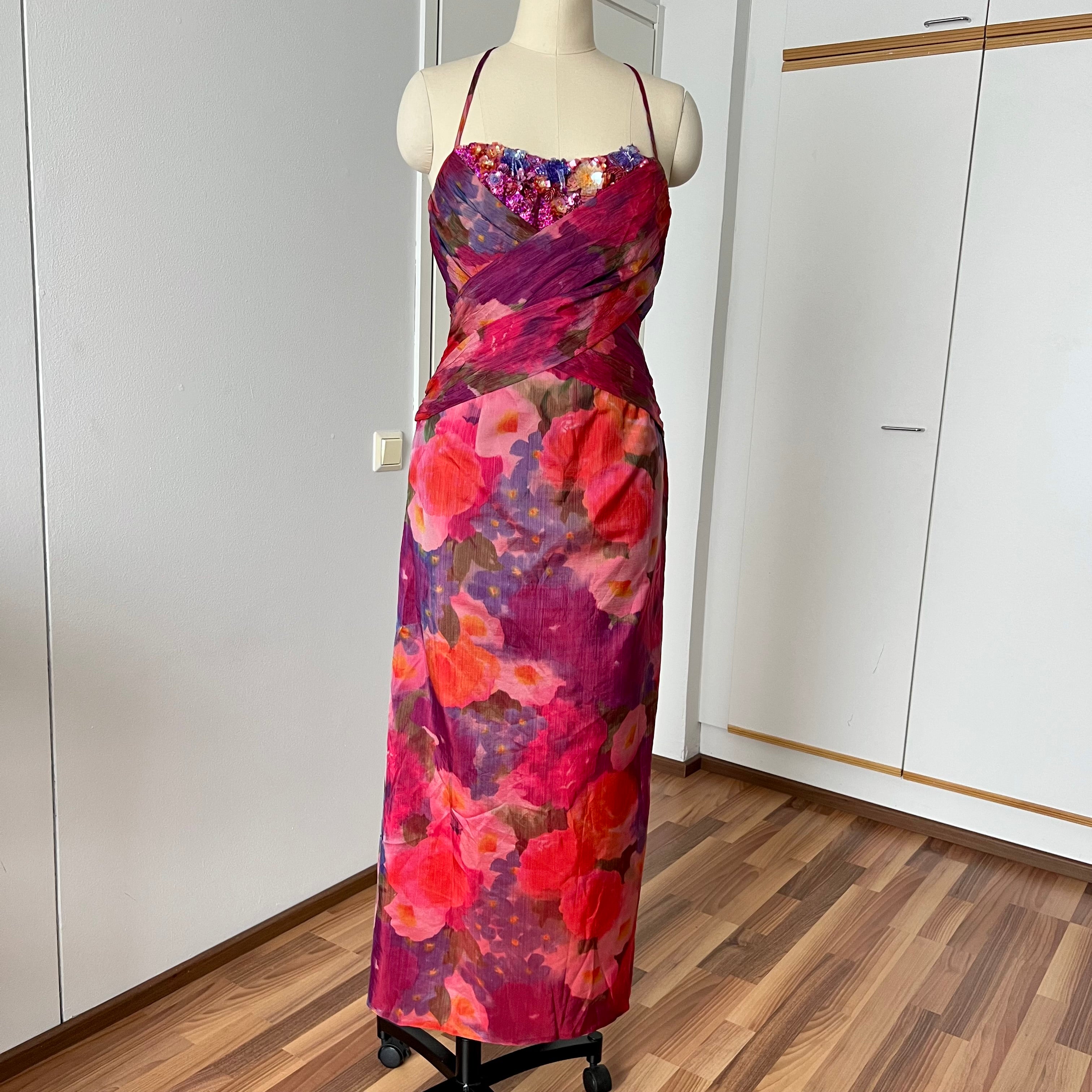 1990s Vintage Watercolor Vera Mont Evening Gown-Spaghetti Straps  Floral Maxi Dress