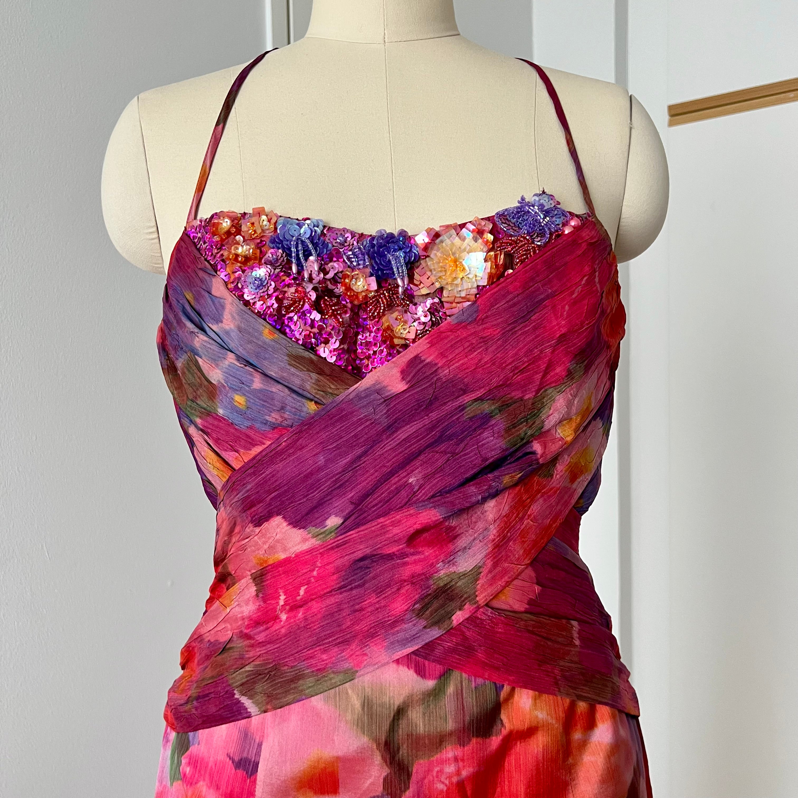 1990s Vintage Watercolor Vera Mont Evening Gown-Spaghetti Straps  Floral Maxi Dress