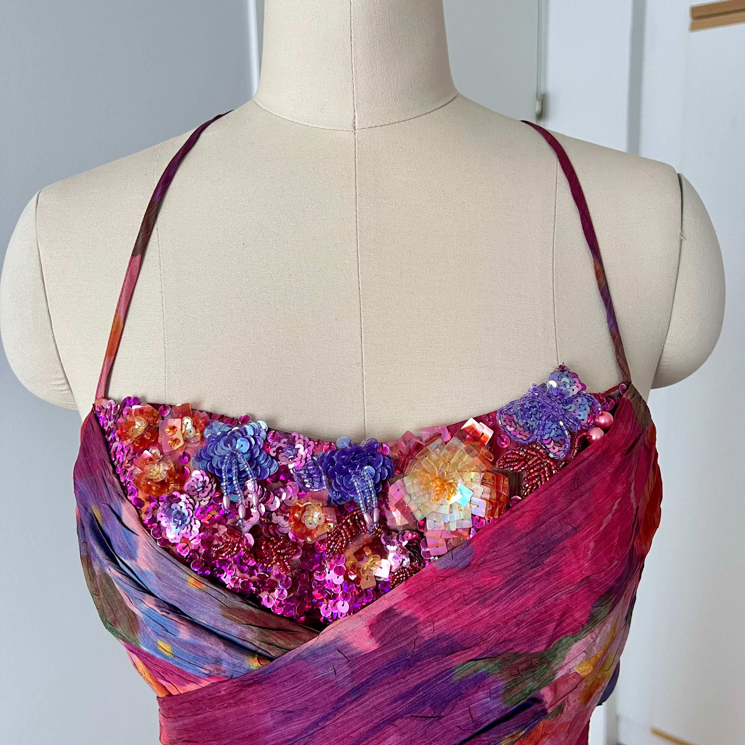 1990s Vintage Watercolor Vera Mont Evening Gown-Spaghetti Straps  Floral Maxi Dress