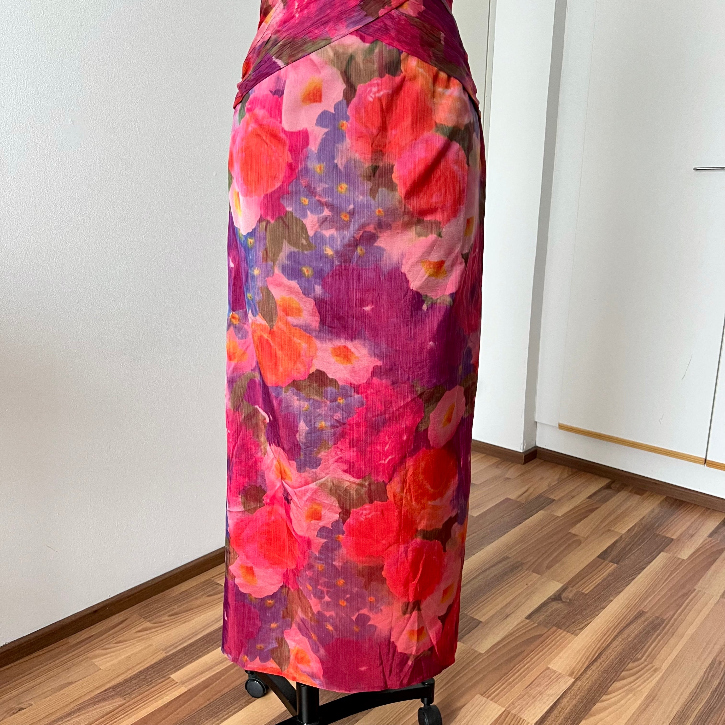 1990s Vintage Watercolor Vera Mont Evening Gown-Spaghetti Straps  Floral Maxi Dress