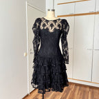 1980s Black Lace Party Dress Long Sleeves Whimsygoth Tiered  Ruffle Cocktail Dress