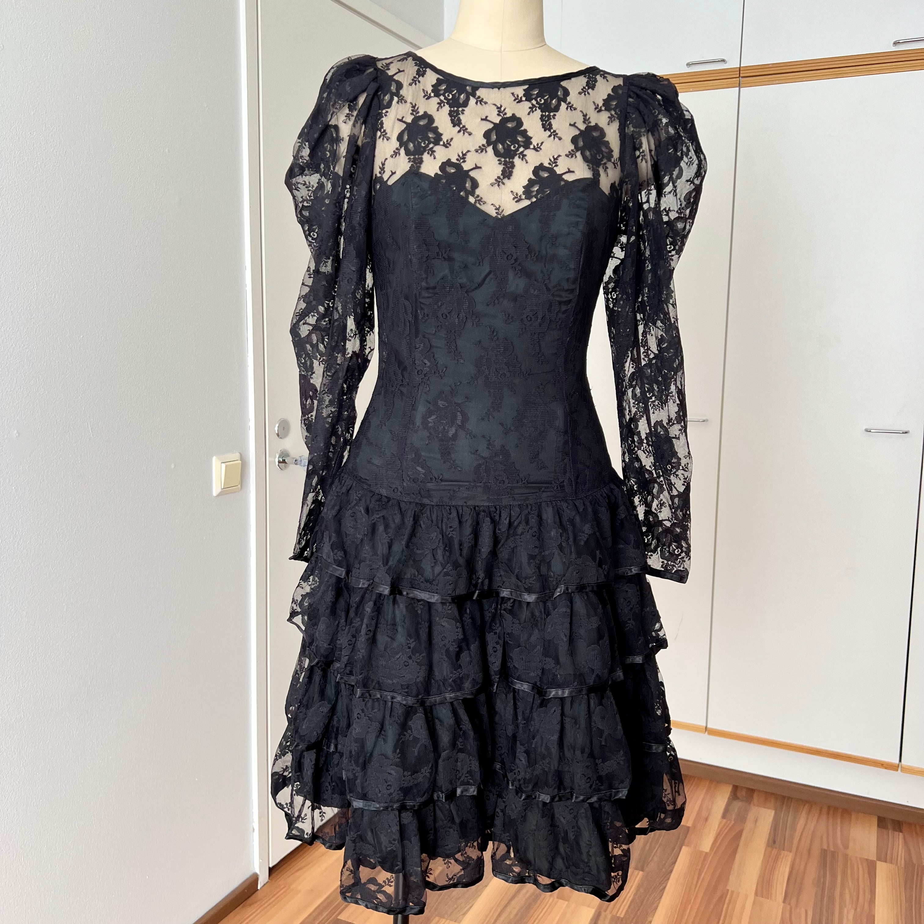 1980s Black Lace Party Dress Long Sleeves Whimsygoth Tiered  Ruffle Cocktail Dress