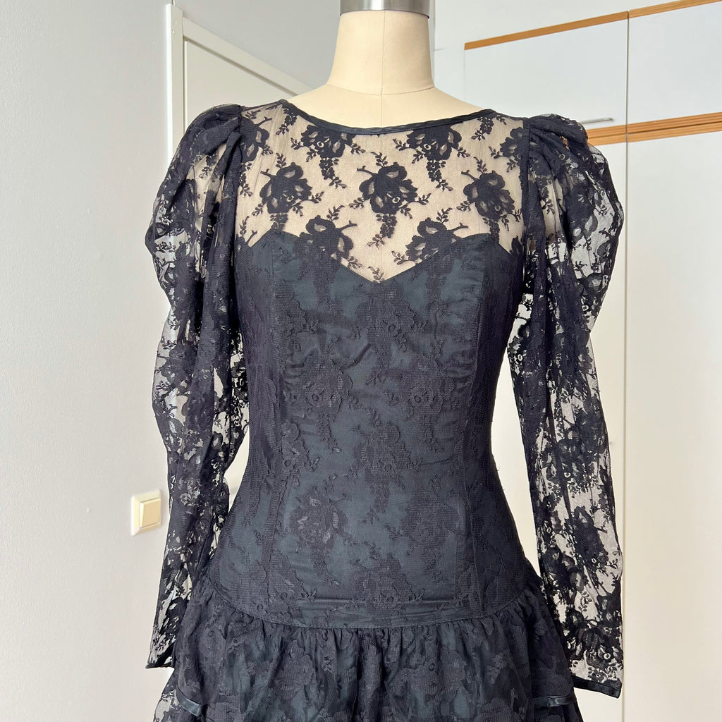 1980s Black Lace Party Dress Long Sleeves Whimsygoth Tiered  Ruffle Cocktail Dress