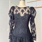 1980s Black Lace Party Dress Long Sleeves Whimsygoth Tiered  Ruffle Cocktail Dress