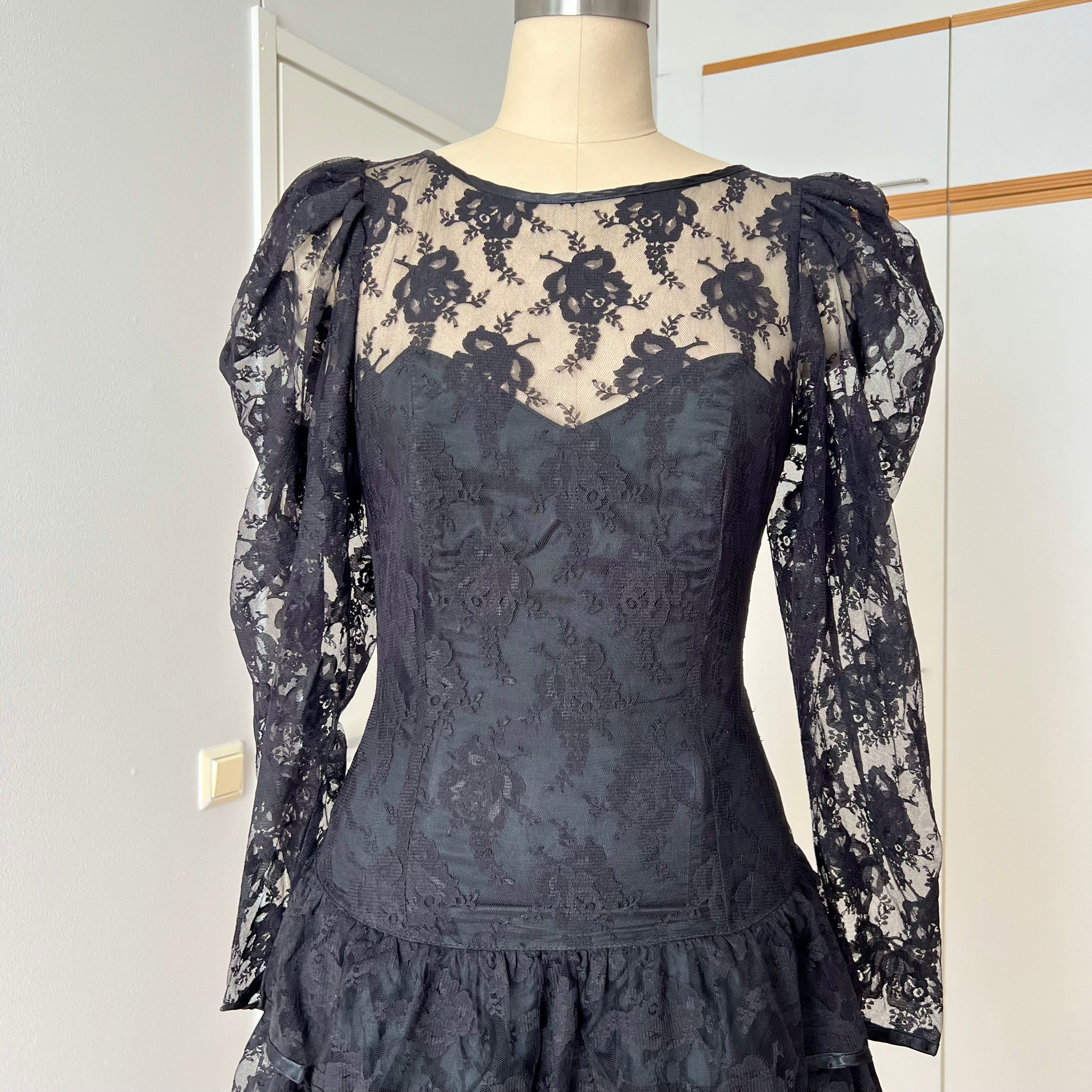 1980s Black Lace Party Dress Long Sleeves Whimsygoth Tiered  Ruffle Cocktail Dress