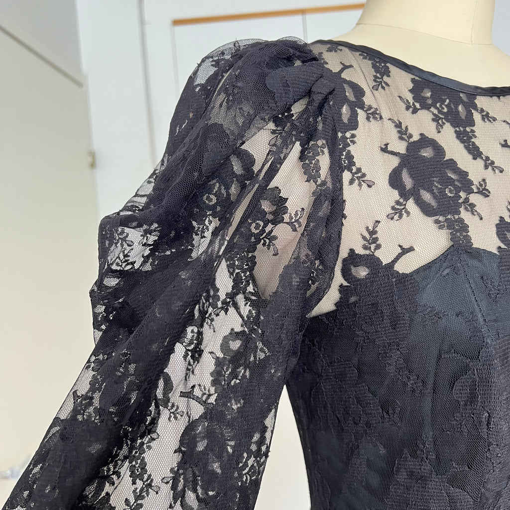 1980s Black Lace Party Dress Long Sleeves Whimsygoth Tiered  Ruffle Cocktail Dress