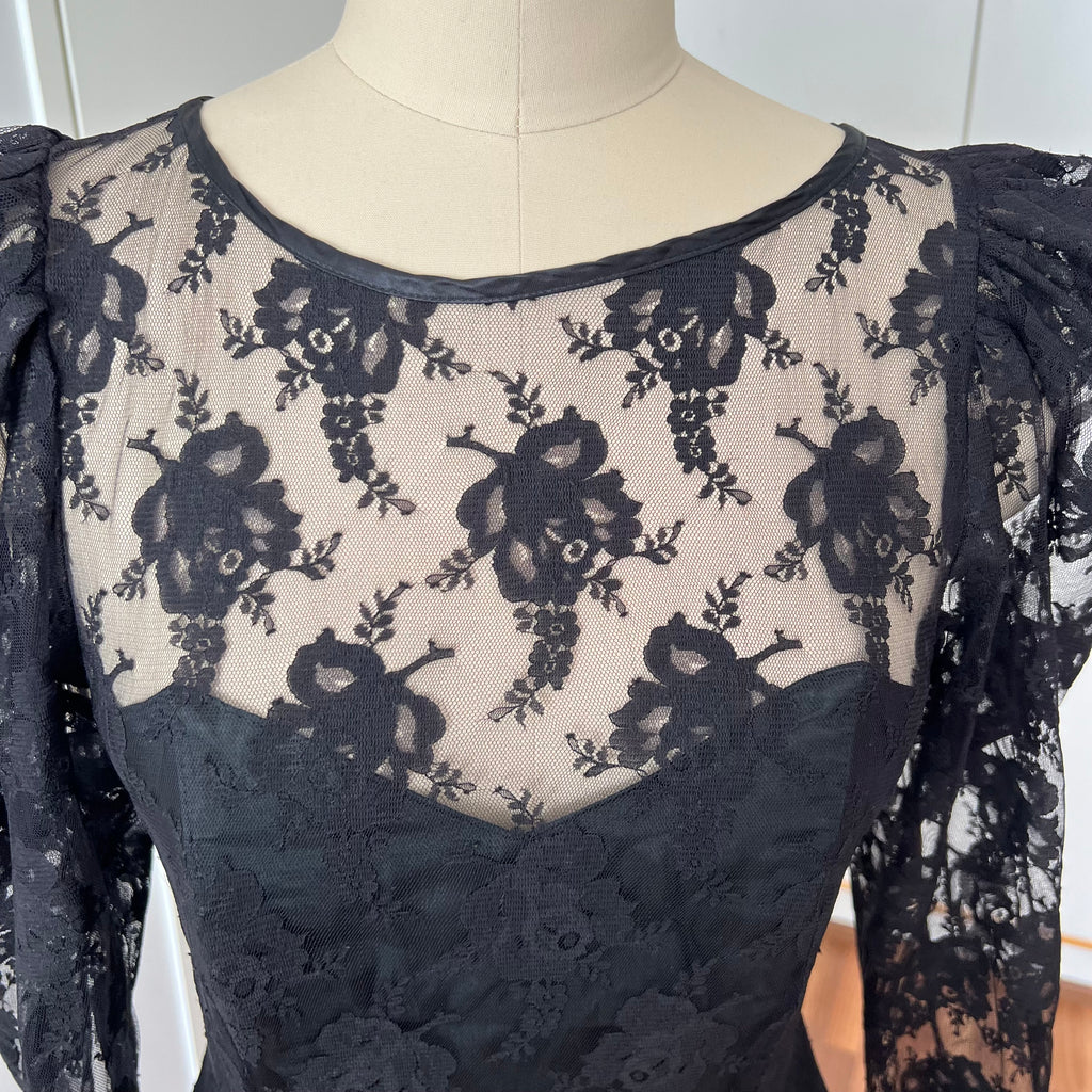 1980s Black Lace Party Dress Long Sleeves Whimsygoth Tiered  Ruffle Cocktail Dress