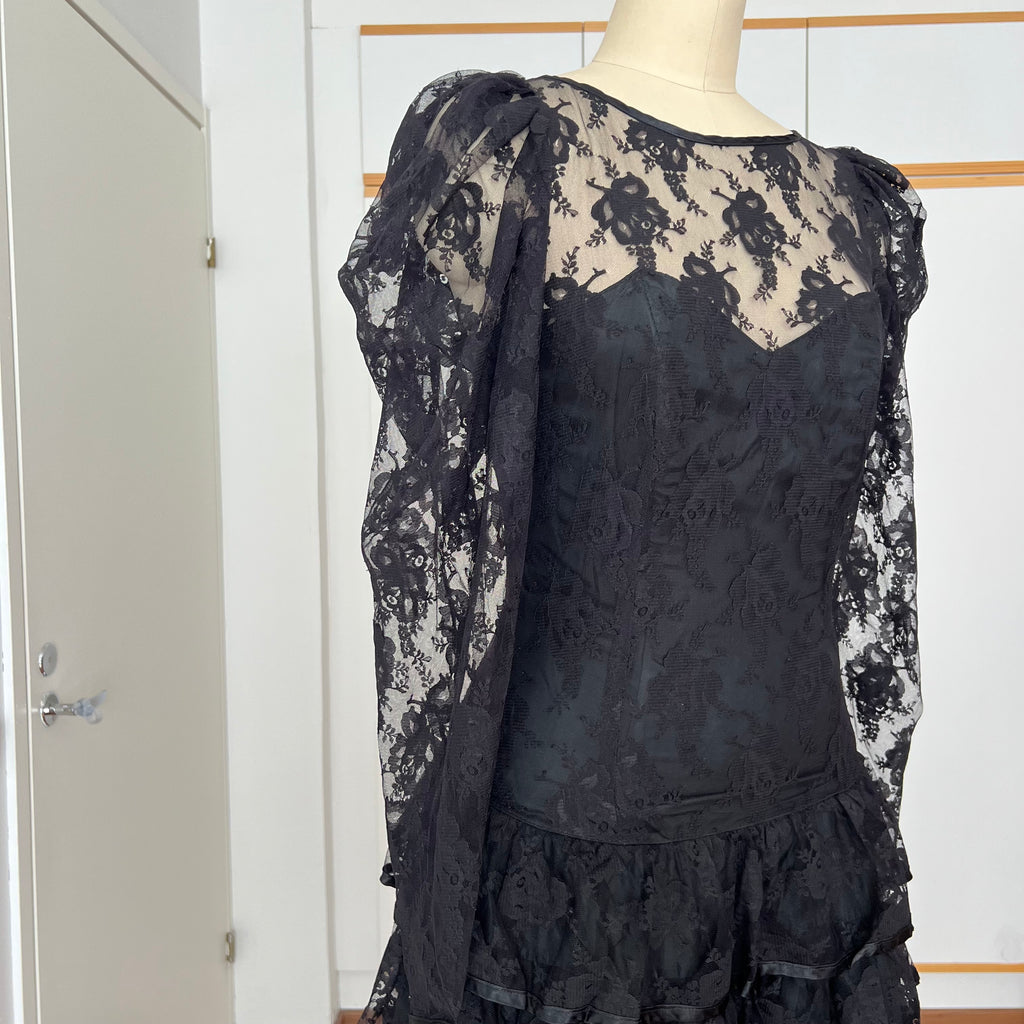 1980s Black Lace Party Dress Long Sleeves Whimsygoth Tiered  Ruffle Cocktail Dress