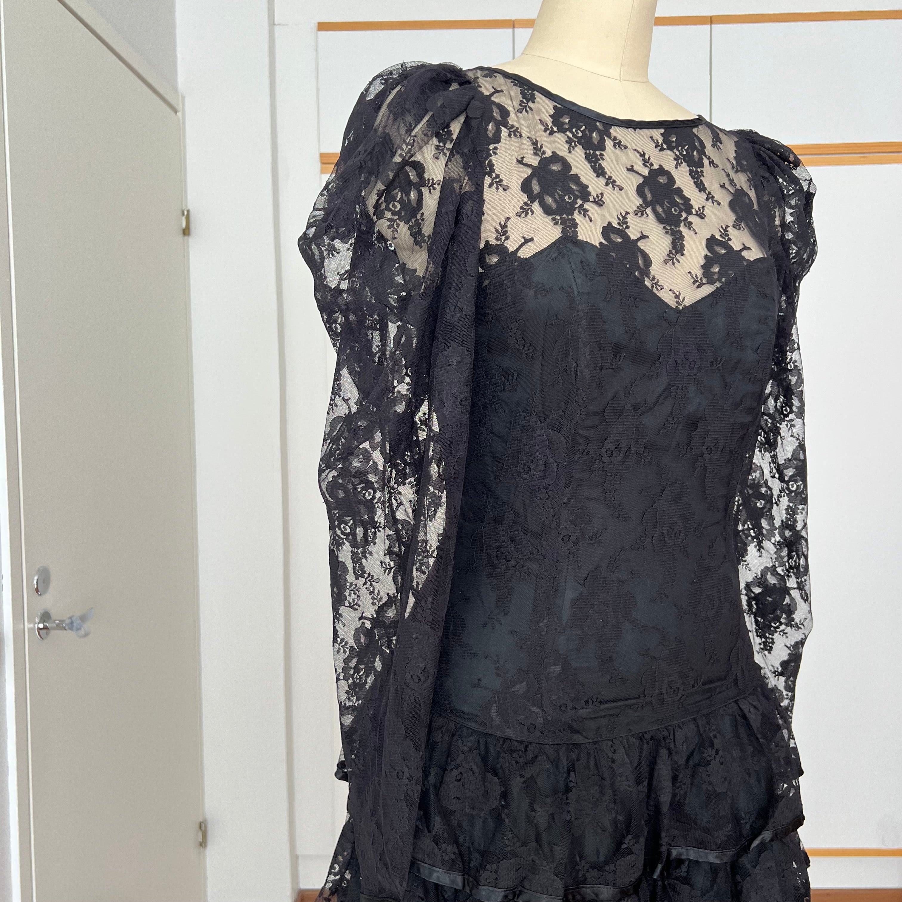 1980s Black Lace Party Dress Long Sleeves Whimsygoth Tiered  Ruffle Cocktail Dress