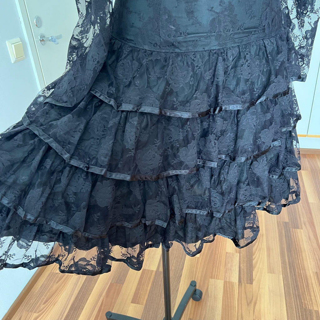 1980s Black Lace Party Dress Long Sleeves Whimsygoth Tiered  Ruffle Cocktail Dress