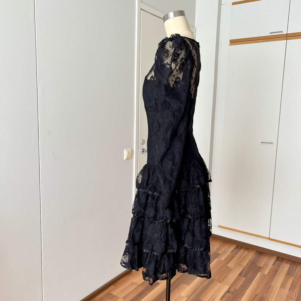 1980s Black Lace Party Dress Long Sleeves Whimsygoth Tiered  Ruffle Cocktail Dress
