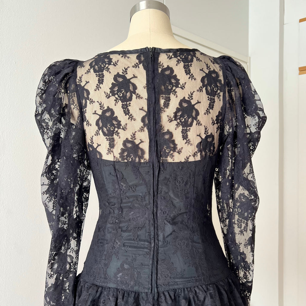 1980s Black Lace Party Dress Long Sleeves Whimsygoth Tiered  Ruffle Cocktail Dress