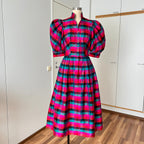 Vintage 80s Köbler Silk Dirndl Dress: Plaid Puff Sleeve Folklorekleid (EU 36)