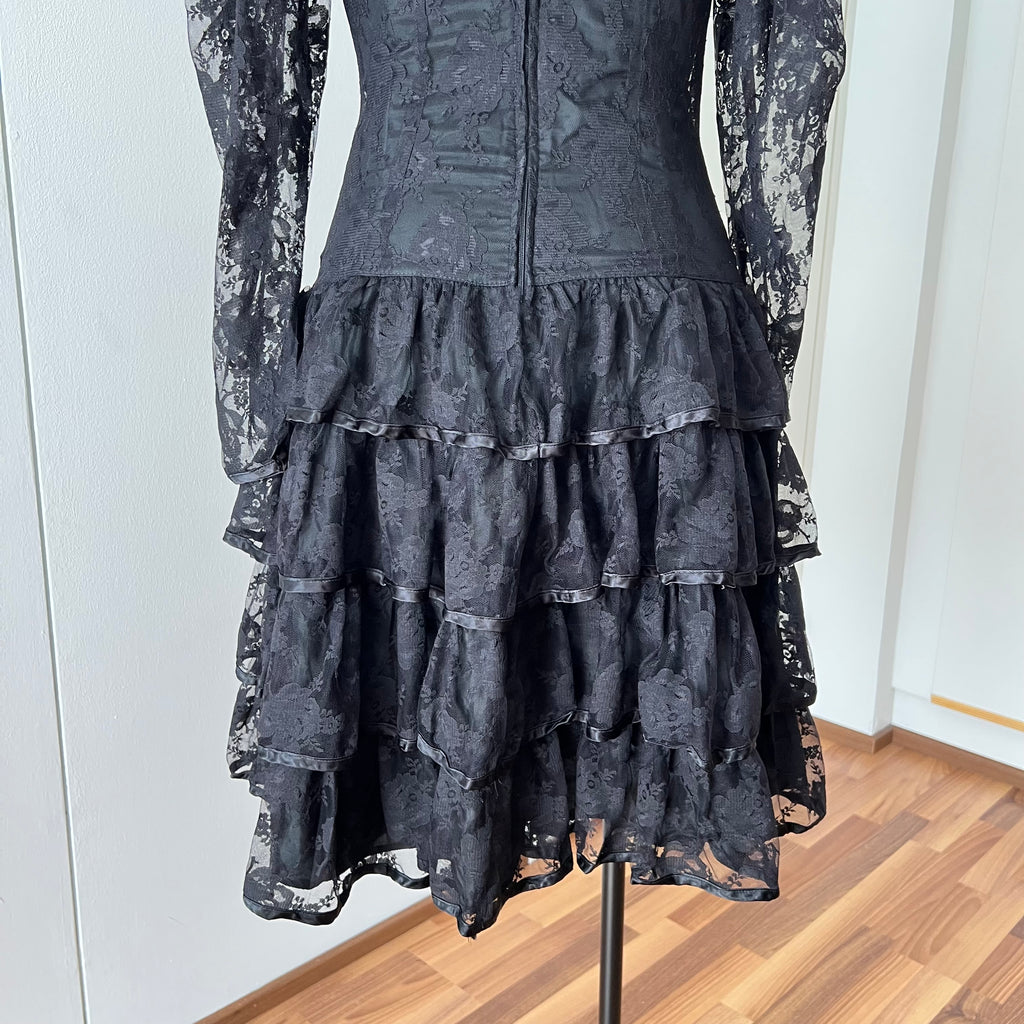 1980s Black Lace Party Dress Long Sleeves Whimsygoth Tiered  Ruffle Cocktail Dress