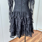 1980s Black Lace Party Dress Long Sleeves Whimsygoth Tiered  Ruffle Cocktail Dress