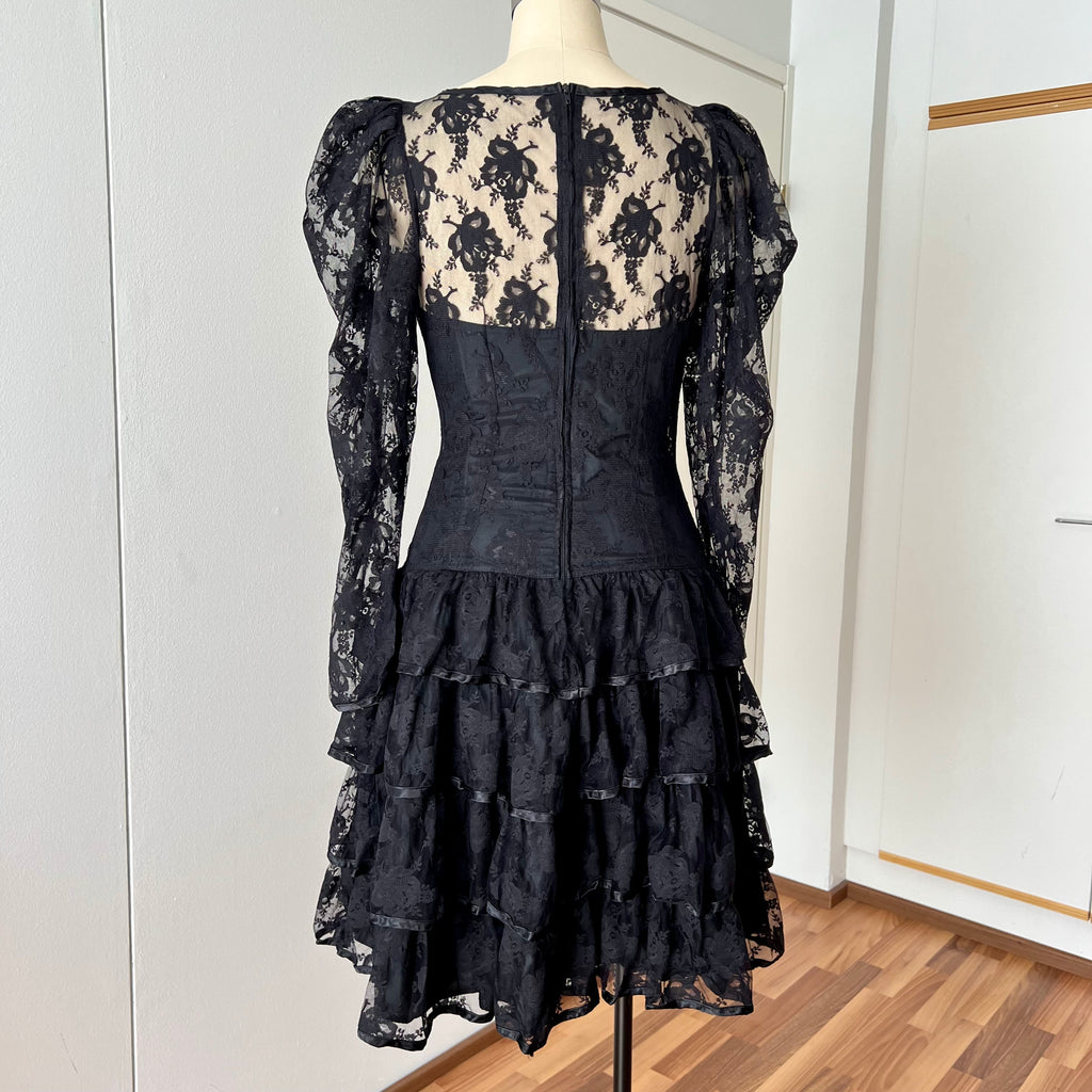 1980s Black Lace Party Dress Long Sleeves Whimsygoth Tiered  Ruffle Cocktail Dress