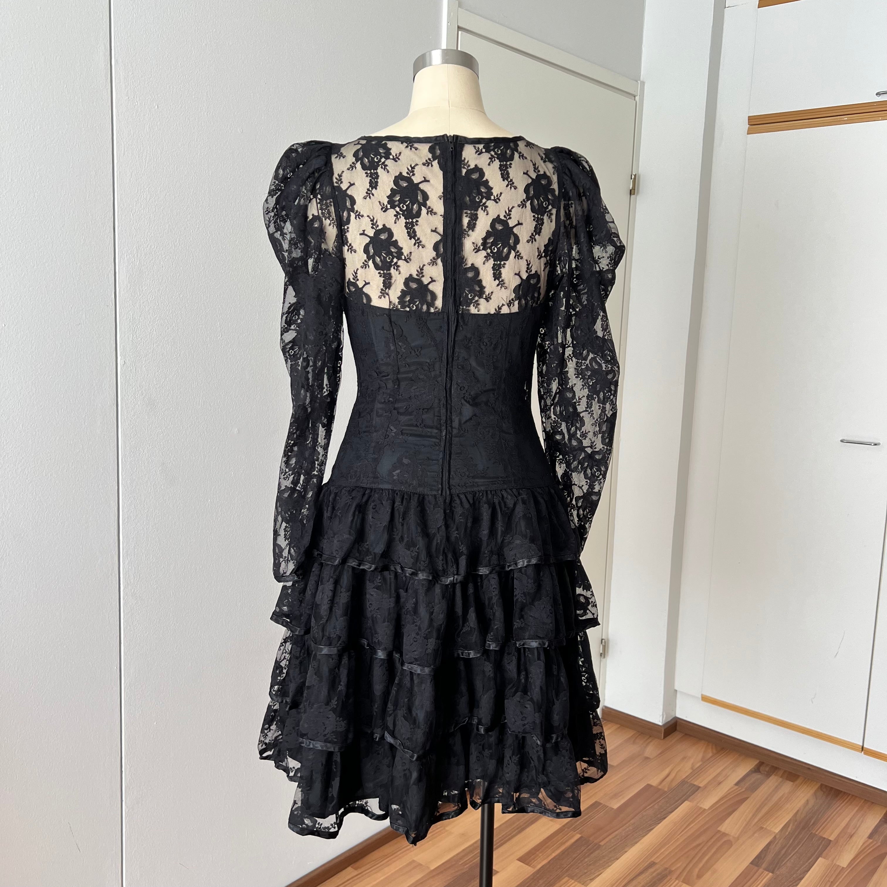 1980s Black Lace Party Dress Long Sleeves Whimsygoth Tiered  Ruffle Cocktail Dress