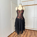 1980s Floral Brocade Halter Neck Dress Tiered Ruffles Cocktail Party Whimsy Evening Gown