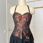 1980s Floral Brocade Halter Neck Dress Tiered Ruffles Cocktail Party Whimsy Evening Gown