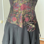 1980s Floral Brocade Halter Neck Dress Tiered Ruffles Cocktail Party Whimsy Evening Gown