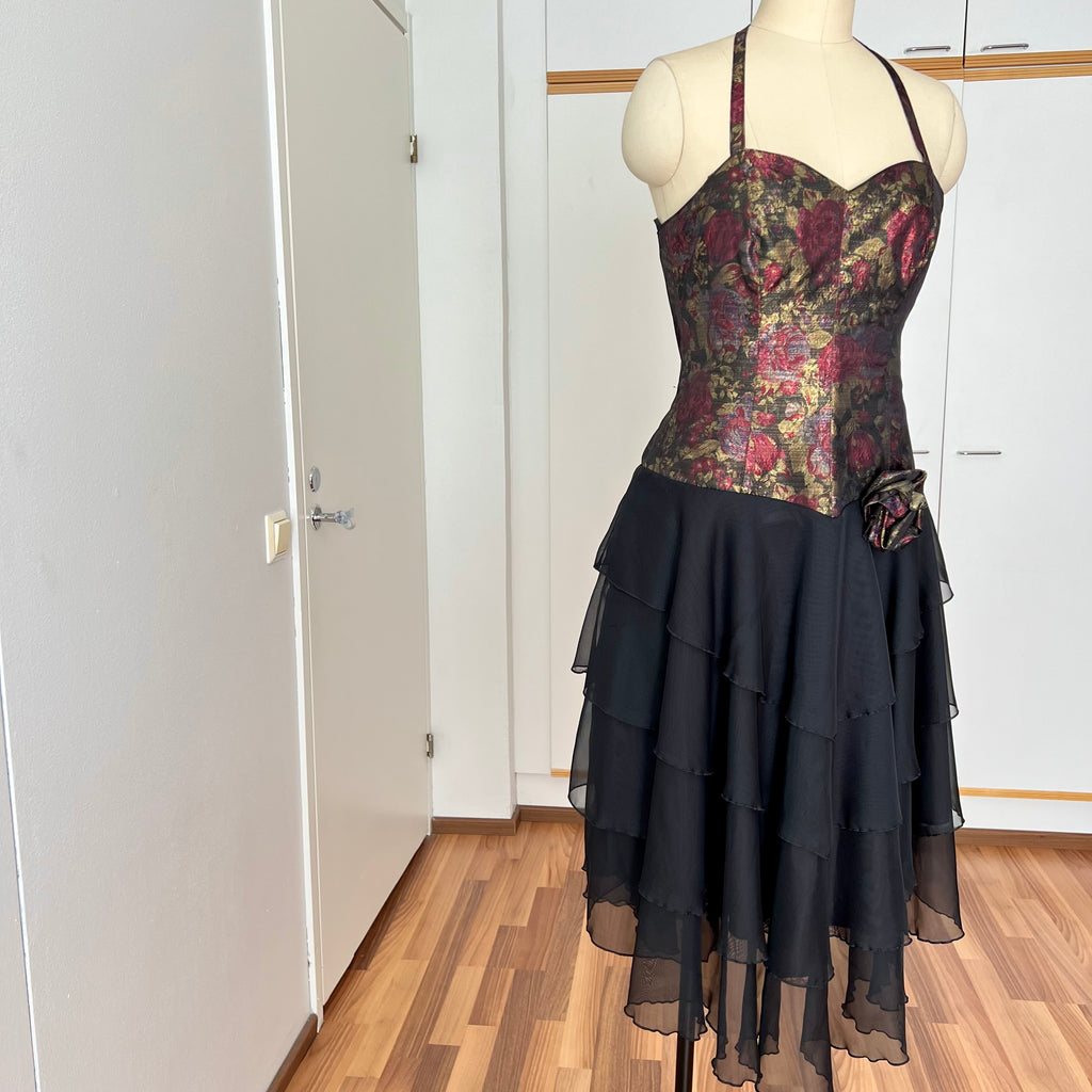 1980s Floral Brocade Halter Neck Dress Tiered Ruffles Cocktail Party Whimsy Evening Gown