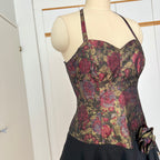1980s Floral Brocade Halter Neck Dress Tiered Ruffles Cocktail Party Whimsy Evening Gown