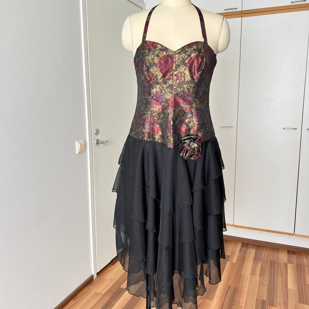 1980s Floral Brocade Halter Neck Dress Tiered Ruffles Cocktail Party Whimsy Evening Gown
