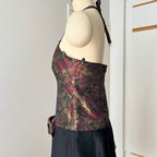 1980s Floral Brocade Halter Neck Dress Tiered Ruffles Cocktail Party Whimsy Evening Gown