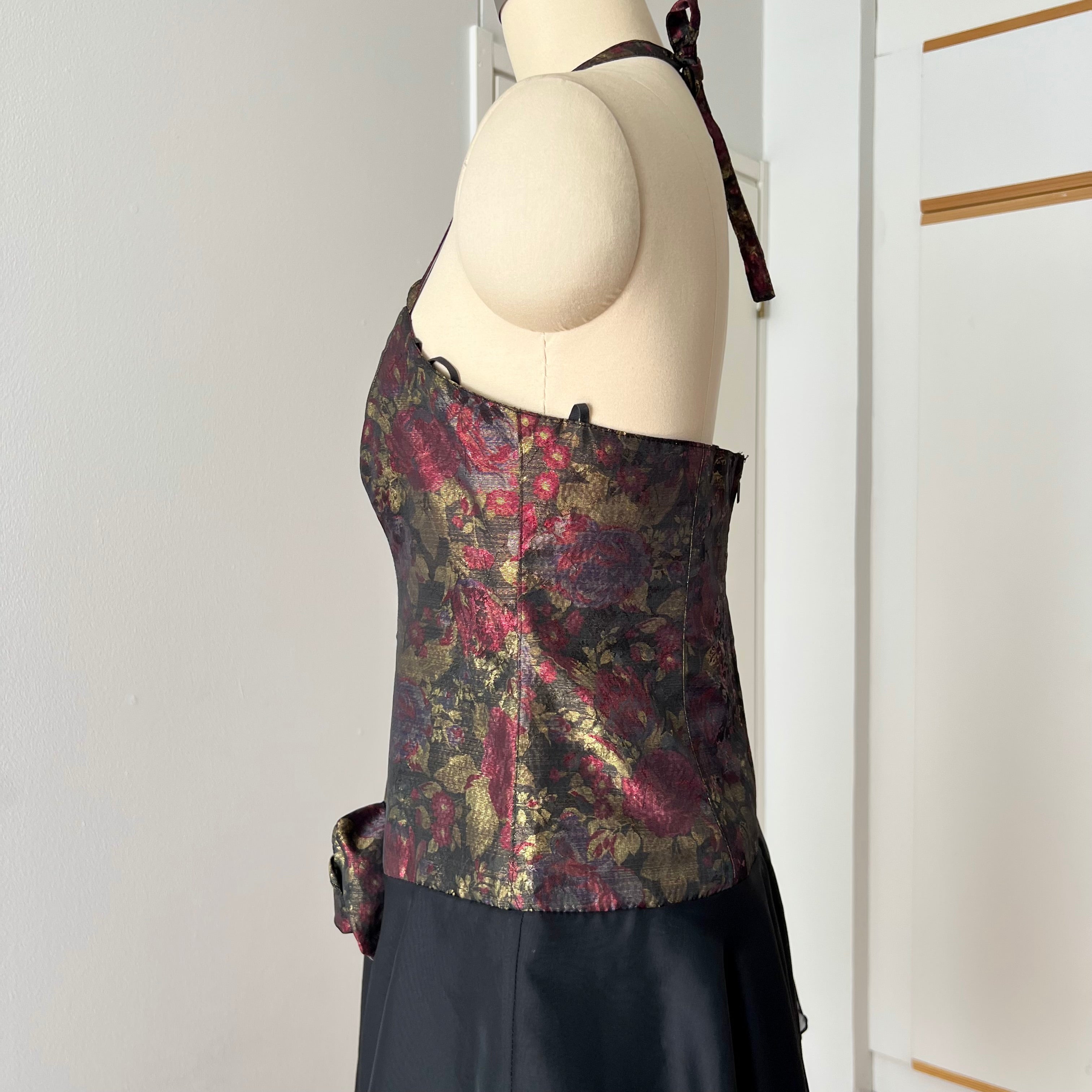 1980s Floral Brocade Halter Neck Dress Tiered Ruffles Cocktail Party Whimsy Evening Gown