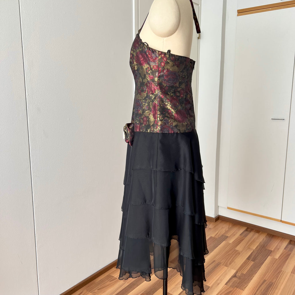 1980s Floral Brocade Halter Neck Dress Tiered Ruffles Cocktail Party Whimsy Evening Gown