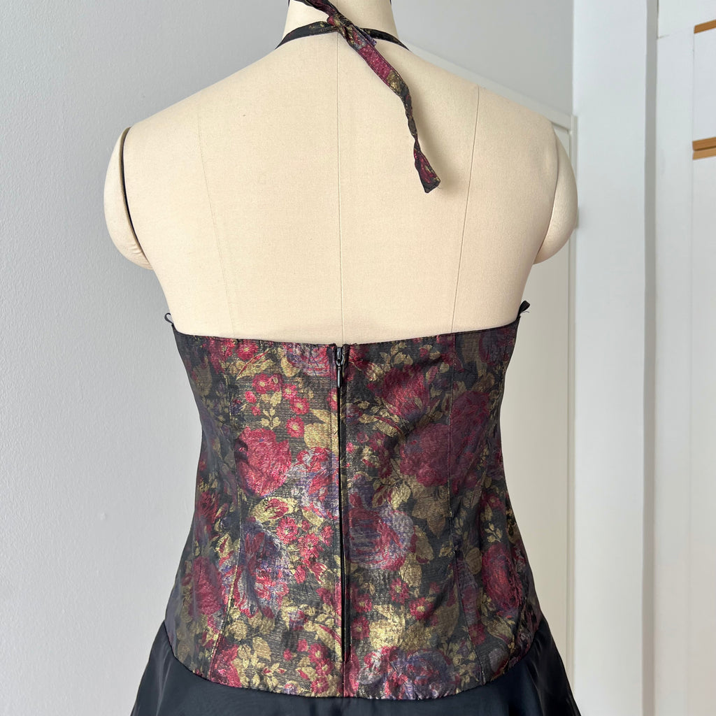1980s Floral Brocade Halter Neck Dress Tiered Ruffles Cocktail Party Whimsy Evening Gown