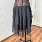 1980s Floral Brocade Halter Neck Dress Tiered Ruffles Cocktail Party Whimsy Evening Gown