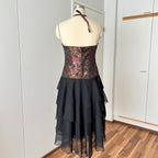 1980s Floral Brocade Halter Neck Dress Tiered Ruffles Cocktail Party Whimsy Evening Gown