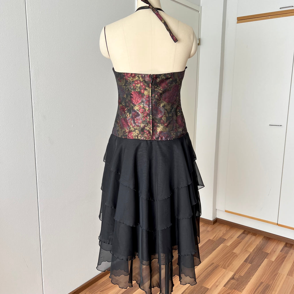 1980s Floral Brocade Halter Neck Dress Tiered Ruffles Cocktail Party Whimsy Evening Gown