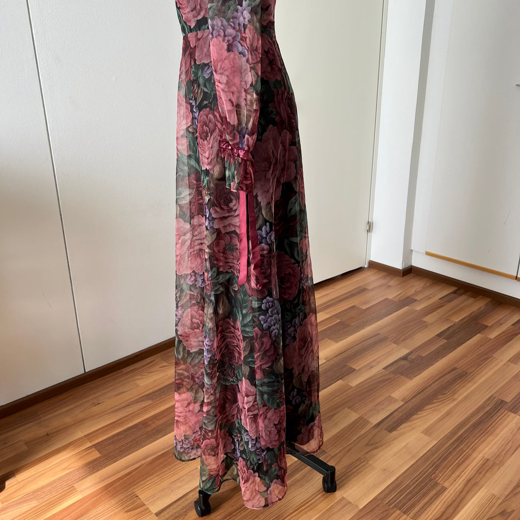 1970s Vintage Vera Mont Maxi Dress-Romantic Floral Ruffle Collar Gown