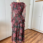 1970s Vintage Vera Mont Maxi Dress-Romantic Floral Ruffle Collar Gown