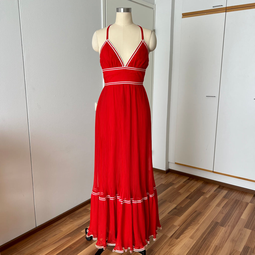 1970s Vintage Yvette Red Pleated Maxi Dress-Empire Waist Plissé Party Dress EU 36