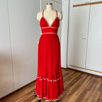1970s Vintage Yvette Red Pleated Maxi Dress-Empire Waist Plissé Party Dress EU 36
