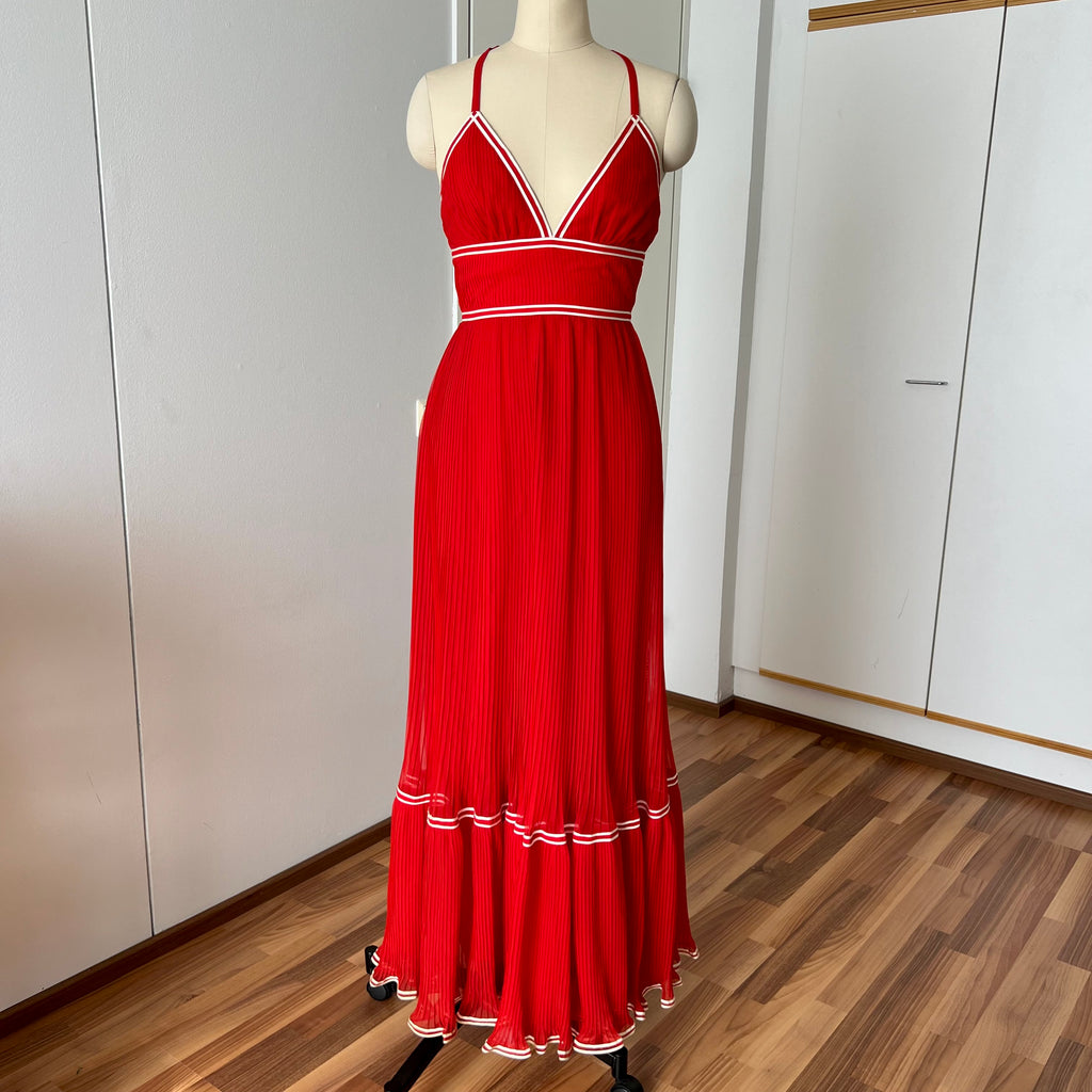 1970s Vintage Yvette Red Pleated Maxi Dress-Empire Waist Plissé Party Dress EU 36