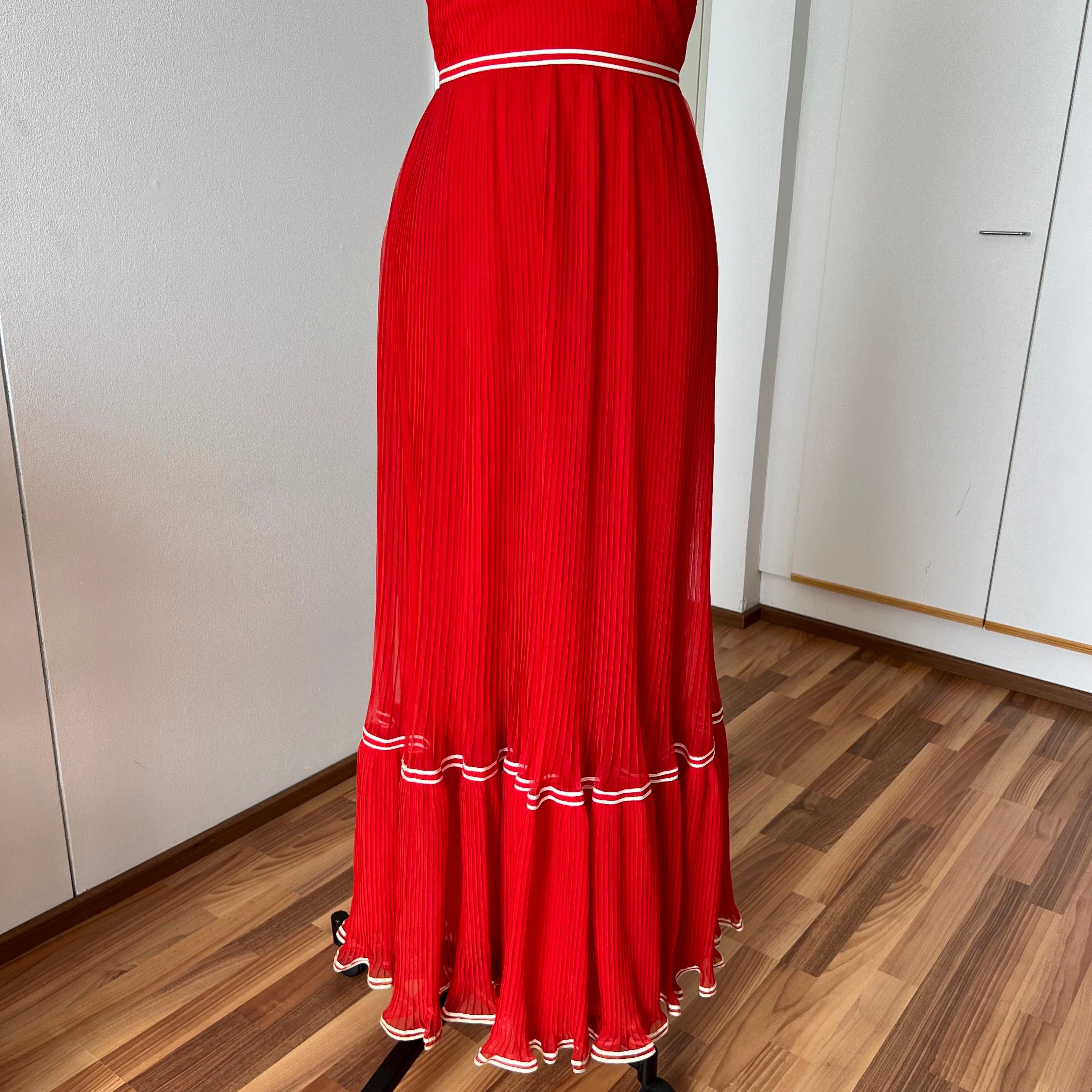 1970s Vintage Yvette Red Pleated Maxi Dress-Empire Waist Plissé Party Dress EU 36