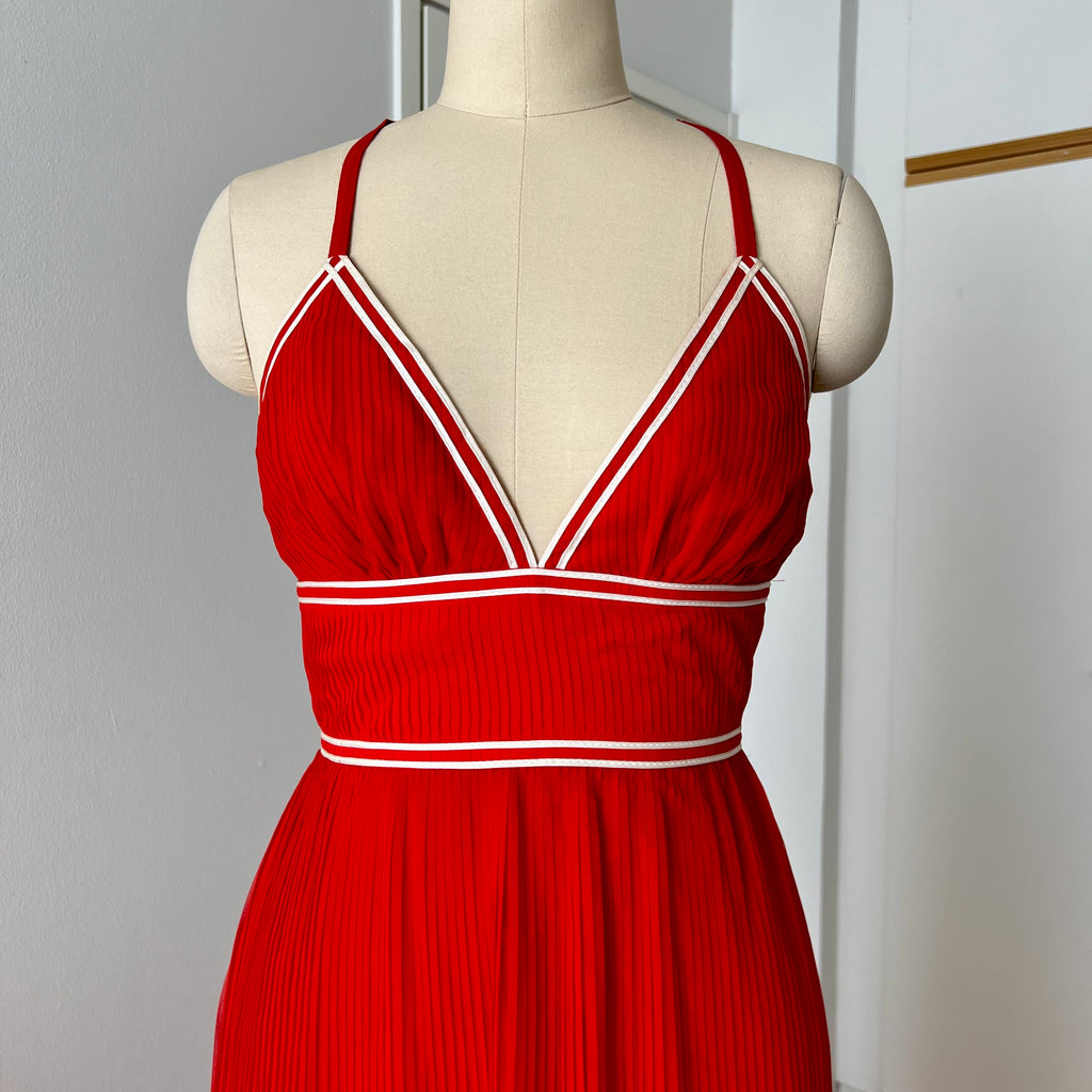 1970s Vintage Yvette Red Pleated Maxi Dress-Empire Waist Plissé Party Dress EU 36