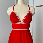 1970s Vintage Yvette Red Pleated Maxi Dress-Empire Waist Plissé Party Dress EU 36