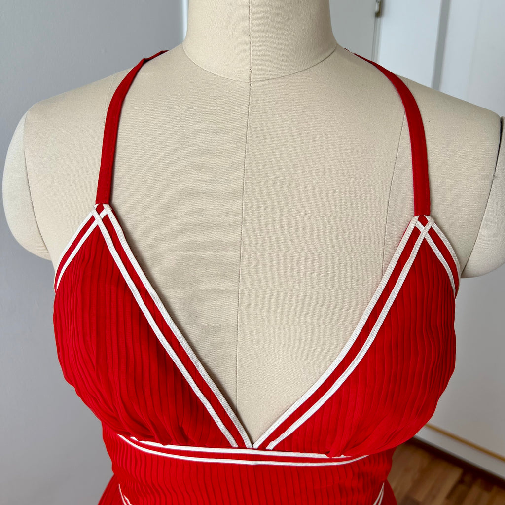1970s Vintage Yvette Red Pleated Maxi Dress-Empire Waist Plissé Party Dress EU 36
